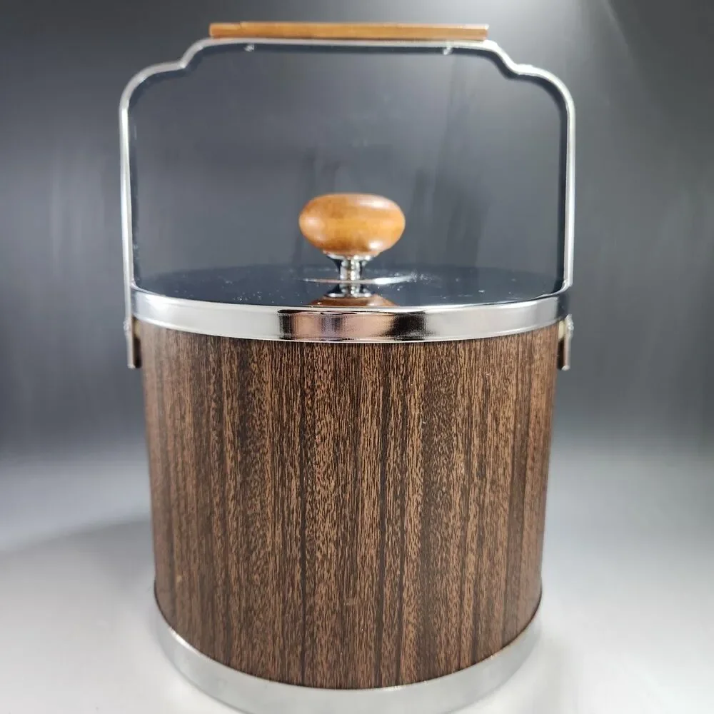 Vintage Atapco Chrome Wood Ice Bucket with Tongs – MCM Barware Liner USA